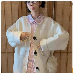 le rouge周美美 莱拉冬日蝴蝶结纽扣v领高支全羊毛双面呢大衣