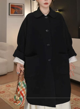 le rouge周美美 南青山古着屋全羊毛娃娃领斗篷中长款双面呢大衣