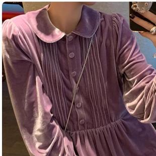 le rouge周美美 彼得潘氧气少女娃娃领褶皱灯笼袖丝绒长款连衣裙