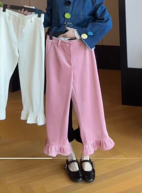 Mona张绮贤 时尚丝绒花朵休闲裤春款显瘦爱心荷叶边口袋七分裤