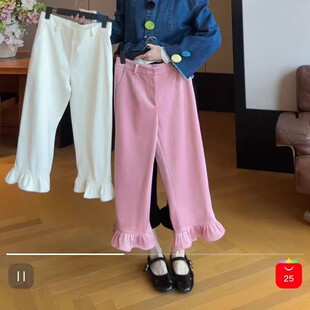 Mona张绮贤 时尚丝绒花朵休闲裤春款显瘦爱心荷叶边口袋七分裤