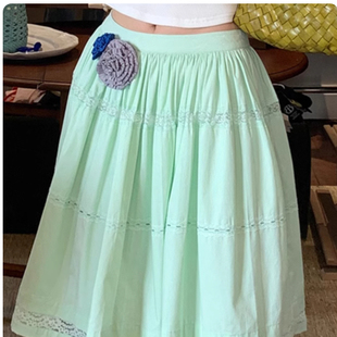 le rouge周美美 轻氧浅春清新蕾丝拼接浅果绿色伞裙半身裙