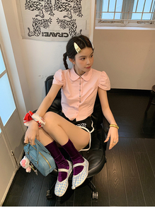 周美美同款 桃味瓦朗斯柔雾粉嗲妹翻领泡泡袖蝴蝶结绑带衬衫