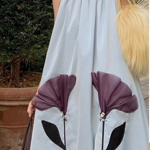 le rouge周美美 枝蔓花卉时髦高级钉钻网纱花朵蓝色连衣裙