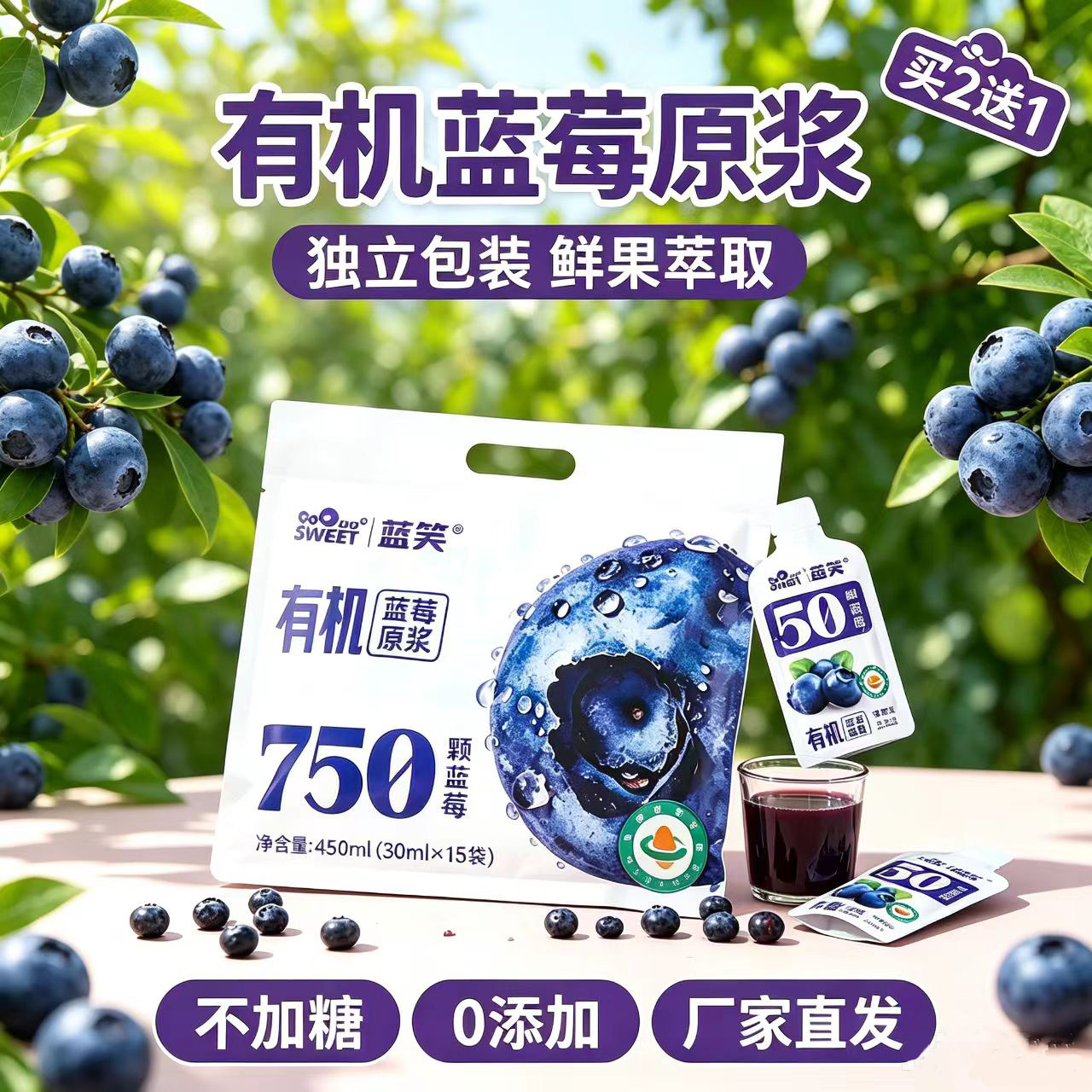 拍2发3有机蓝莓原浆不加水不加糖无添加独立包装蓝笑30ml×15袋