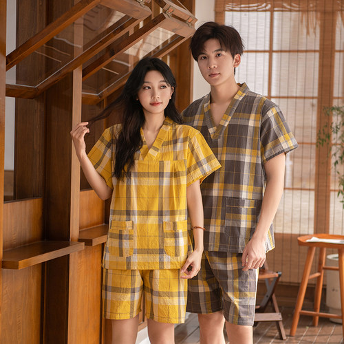 亲子格子汗蒸服女生加胸垫女纯棉套装情侣睡衣洗浴足疗家居服男