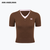 ANN 毛织上衣 双层领撞色V领T恤 ANDELMAN官方直营 纯色假两件短袖