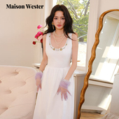 新款 Maison Wester2025夏季 白色简约吊带钻领背心连衣裙