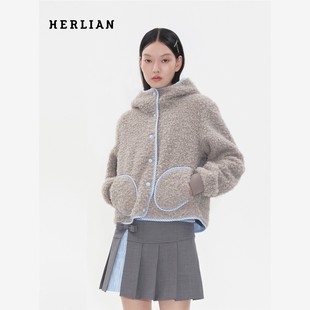 HERLIAN 2025秋季新品女士圈圈毛格纹拼接设计外套