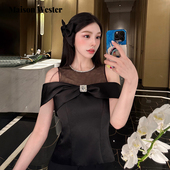 新款 Maison Wester2025夏季 缎面拼接网纱蝴蝶结黑色露肩上衣