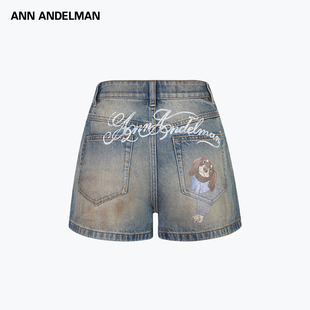 ANNANDELMAN官方直营复古做旧阔腿直筒休闲裤印花小狗牛仔短裤女