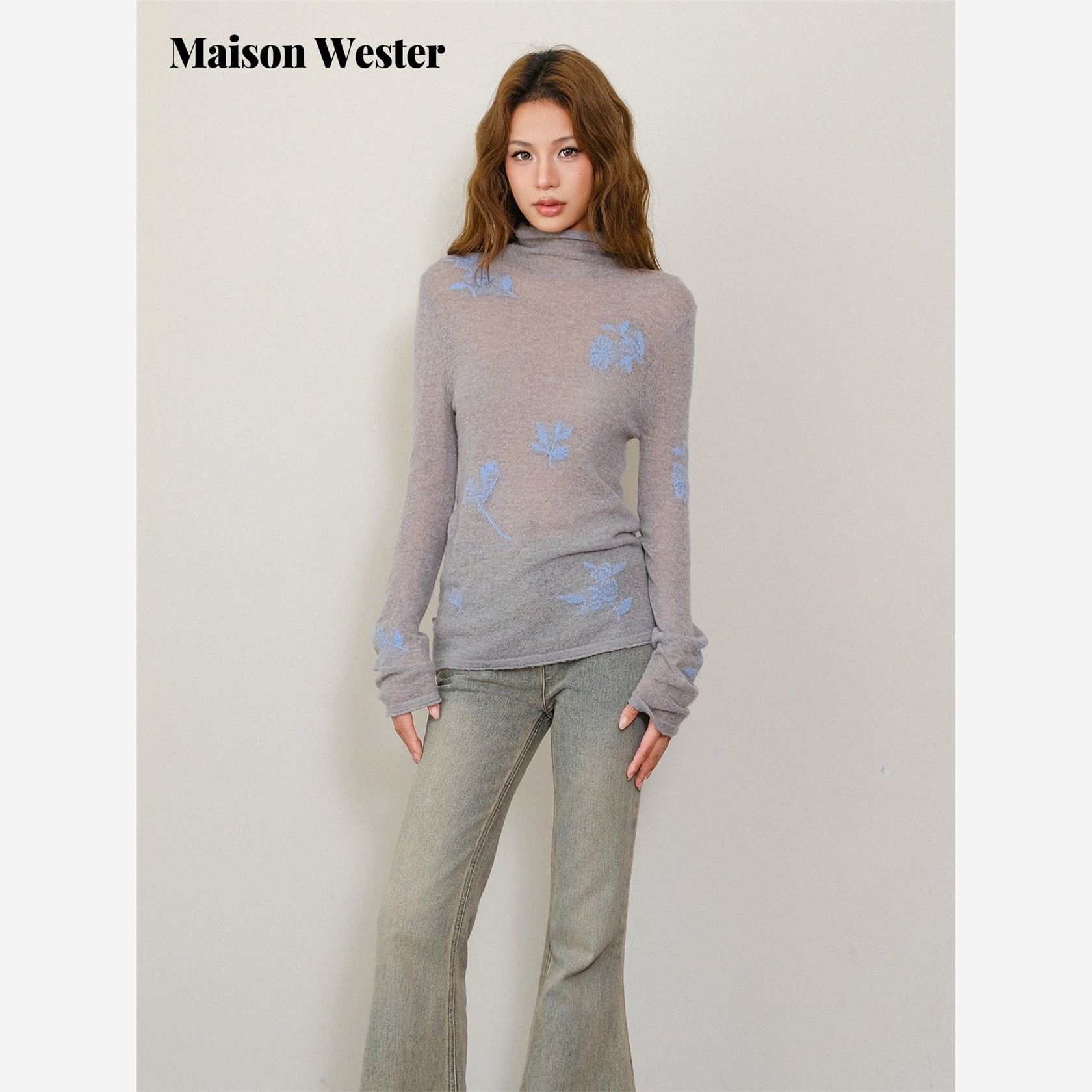 Maison Wester2025年秋季新品灰色花朵刺绣针织上衣