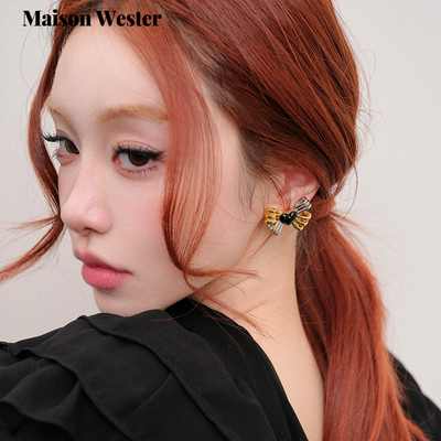 Masion Wester2025夏季新款黑金蝴蝶结爱心耳钉