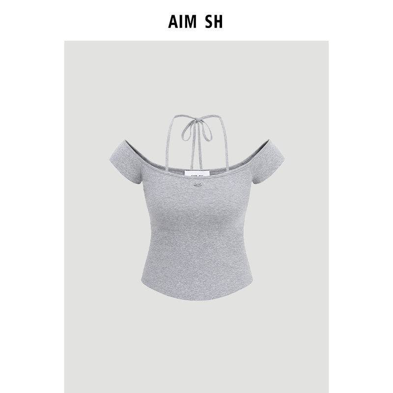 【新品】AIM SH官方直营女士 金属logo一字肩绑带短袖T恤