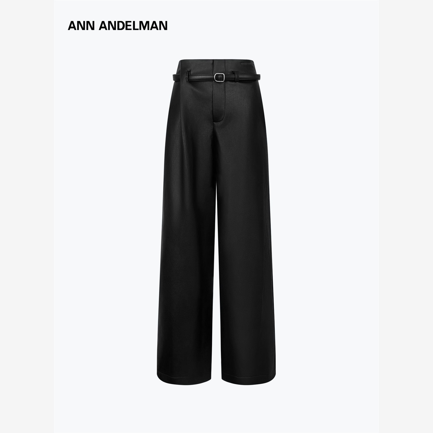ANN ANDELMAN官方直营单边褶阔腿裤宽松黑色皮裤覆古优雅简约大气