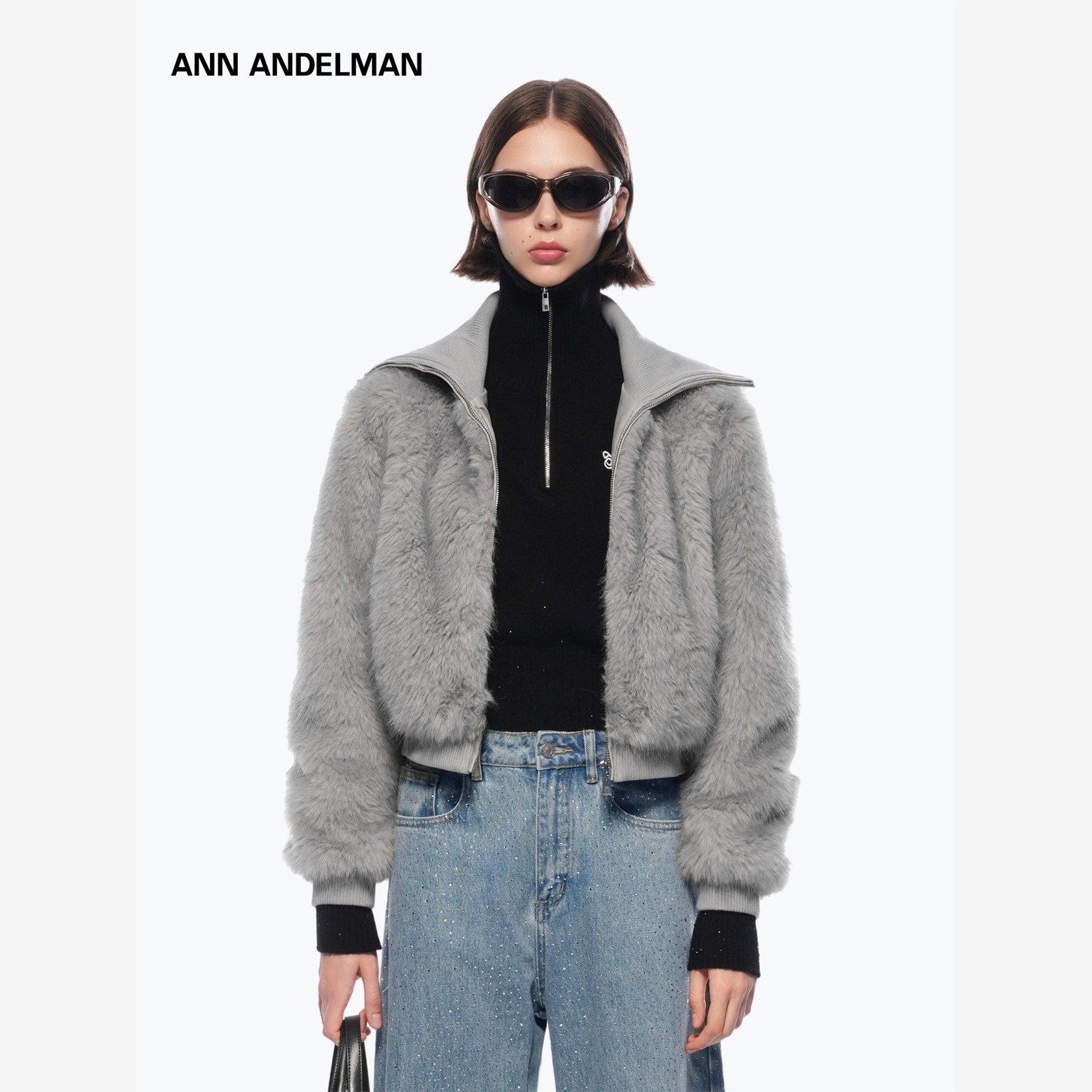 ANNDELM灰色皮草外套女