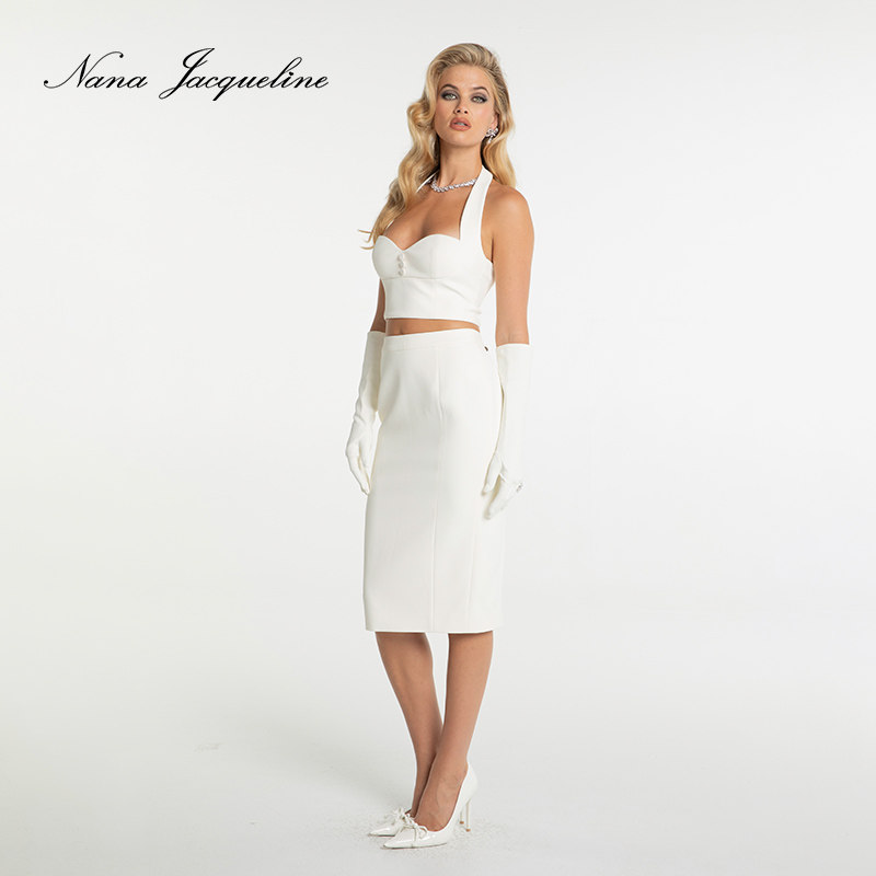 NanaJacqueline挂脖套装女早春新款时尚百搭上衣中长款半裙含手套