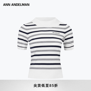 ANN ANDELMAN官方直营白色圆领修身套头短袖T恤女假两件条纹T毛织