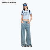 王赫野同款 ANN ANDELMAN阔腿弯刀裤 休闲裤 闪钻珍珠做旧牛仔裤
