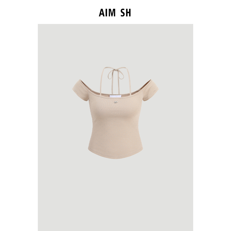 【新品】AIM SH官方直营女士 金属logo一字肩绑带短袖T恤