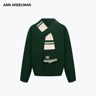 ANN ANDELMAN官方直营围巾式结构V领针织衫女宽松新年酒红色毛衣