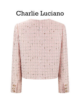 Charlie Luciano早春新款双排扣粗花呢短夹克圆领宽松休闲上衣女