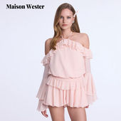 新款 Maison Wester2025夏季 粉色高级雪纺轻盈挂脖上衣可露丽穿搭