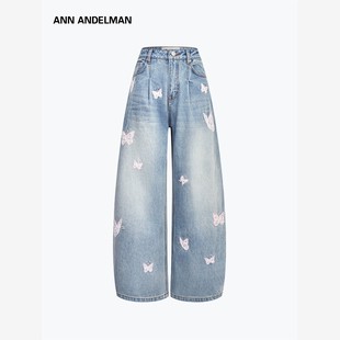 ANN ANDELMAN官方直营阔腿牛仔裤女秋冬绣花蝴蝶水洗休闲弯刀裤子