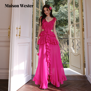 Wester2025年春夏新款 Maison 玫红色度假风荷叶边V领露腰长裙