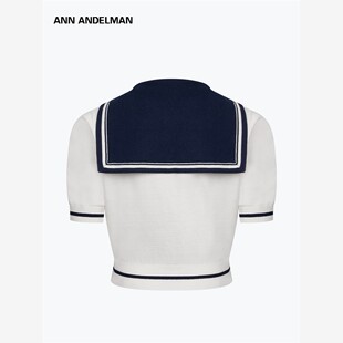ANN ANDELMAN早秋新款女装条纹间色毛织开衫针织短袖水手服上衣