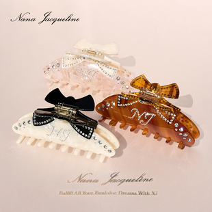 NanaJacqueline新款拼色小蝴蝶结醋酸板材仿钻抓夹女气质女神发夹