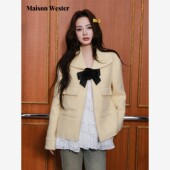 新品 Maison Wester2025冬季 鹅黄毛呢翻领蝴蝶结宽松夹克