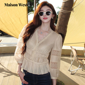 Wester2025年夏季 新款 白色女款 Maison 流行蕾丝V领灯笼袖 收腰上衣