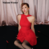 新款 Maison Wester2025夏季 设计感雪纺飘带红色单肩连衣裙