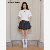新品 Maison Wester2025年冬季 白色蕾丝黑蝴蝶结T恤