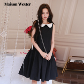 新款 Maison Wester2025夏季 气质娃娃白领拼黑简约黑色连衣裙