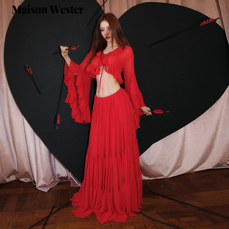 Maison Wester2025夏季新款波嬉风度假风V领红色荷叶边开衫上衣