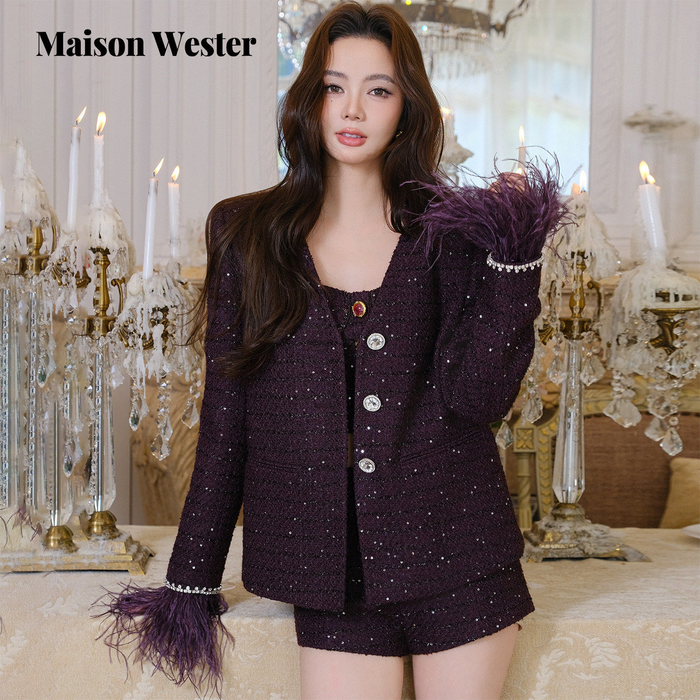 Maison Wester2025年冬季新品亮片小香风优雅V领驼鸟毛装饰呢外套