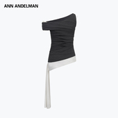 深灰色拼接无袖 ANN ANDELMAN官方直营 上衣设计感飘带拼接斜肩T恤
