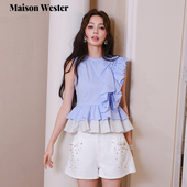 新款 Maison Wester2025夏季 设计感木耳褶皱蓝拼白上衣