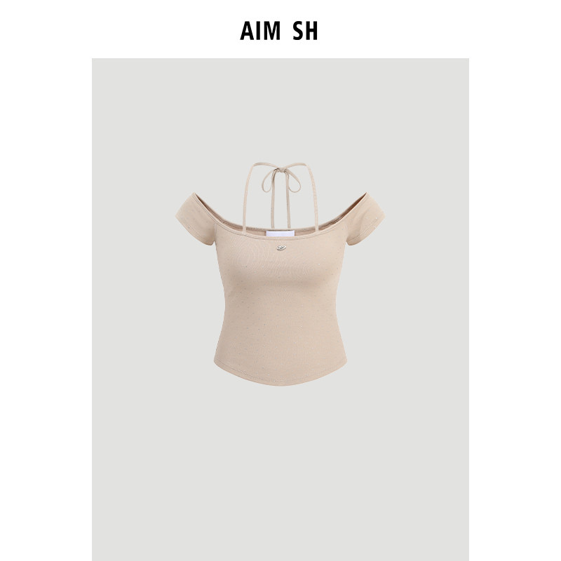AIM SH官方直营女士 金属logo一字肩绑带短袖T恤