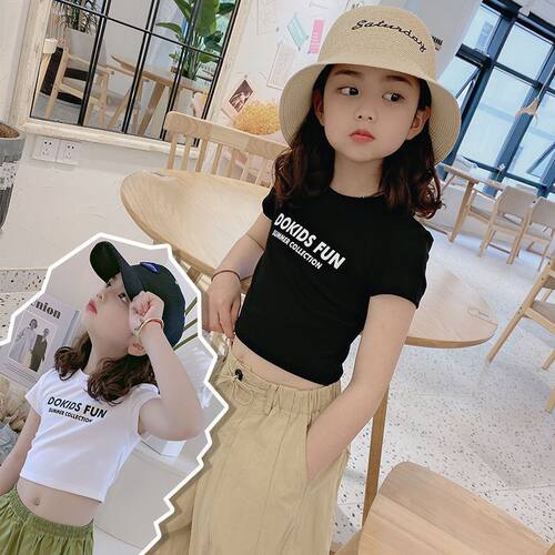 纯棉女童短袖短款T恤新款露脐潮女孩夏季装洋气白色打底宝宝上衣