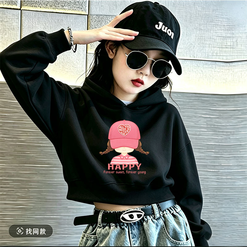 女童连帽短款卫衣春秋冬季开学女孩外套中大童加绒加厚长袖上衣
