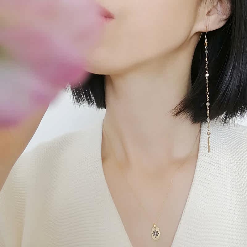 法国5 Octobre经典镀金镶钻长款耳线单边不对称耳饰法式气质