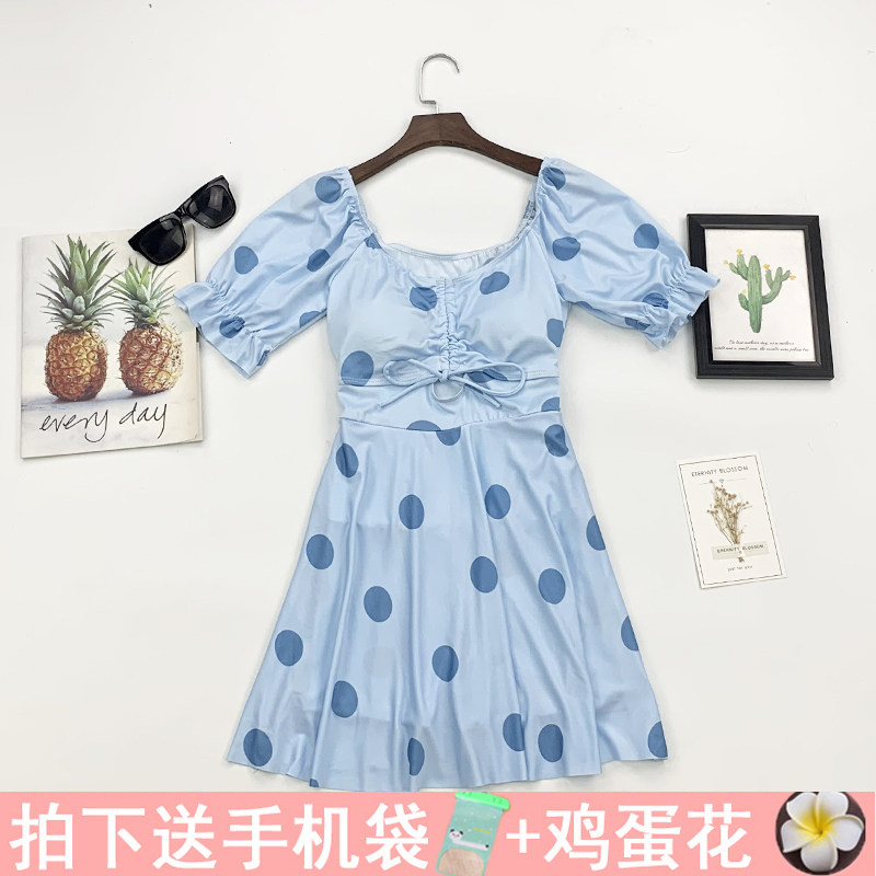 韩国新款泳衣女清新圆点连体裙式高腰显瘦保守遮肚性感镂空露背