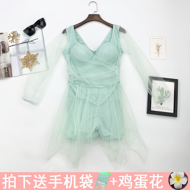 仙女范泳衣女性感连体裙式钢托聚拢显瘦遮肚长袖沙滩温泉泳装平角