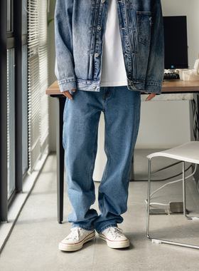 潮牌牛仔裤男ins宽松直筒坠感阔腿百搭日系浅色四季休闲水洗长裤