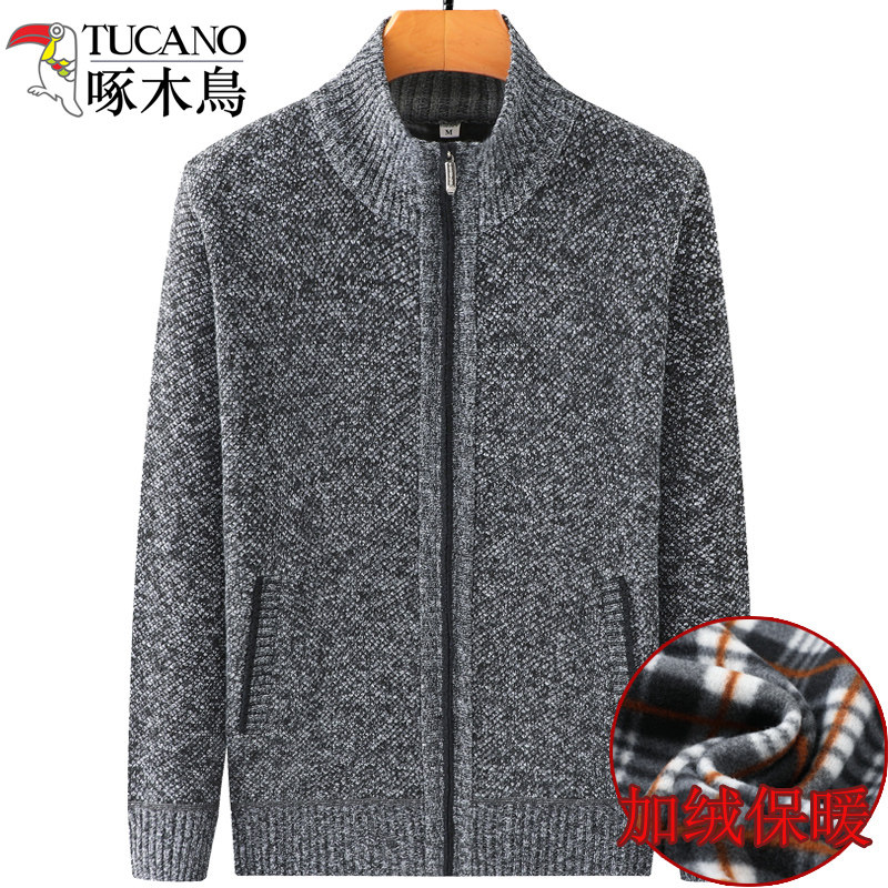 啄木鸟冬季加绒加厚开衫毛衣爸爸针织保暖外套中老年人冬装羊毛衫