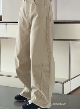 26022休闲裤 诗歌兰女装2026早春款气质卡其色直筒裤毛边牛仔裤女