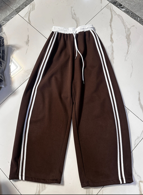 欧洲站second 2nd 2025春秋款气质咖色阔腿裤条纹抽绳卫裤女校裤